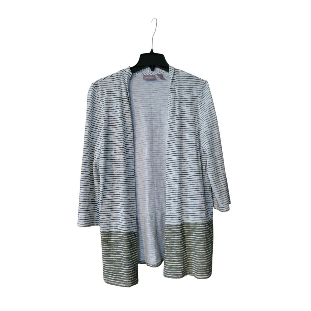 Women's Chico's Size 1 Open Front Cardigan Olive And White 3/4 Sleeve